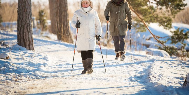 Deux personnes âgé faisant une randonnée dans le bois durant l'hiver