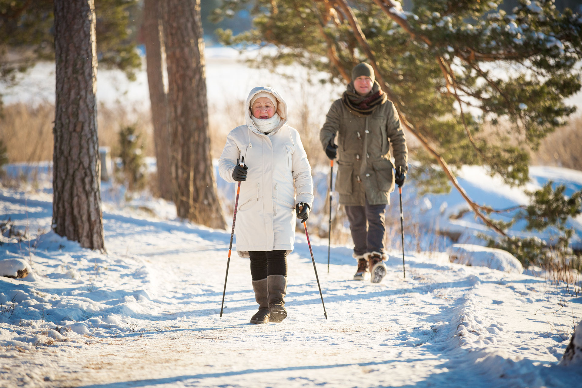 Two elderly people hiking in the woods during the winter