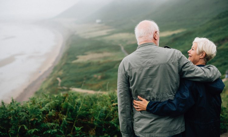Interlaced elderly couple looking at the horizon